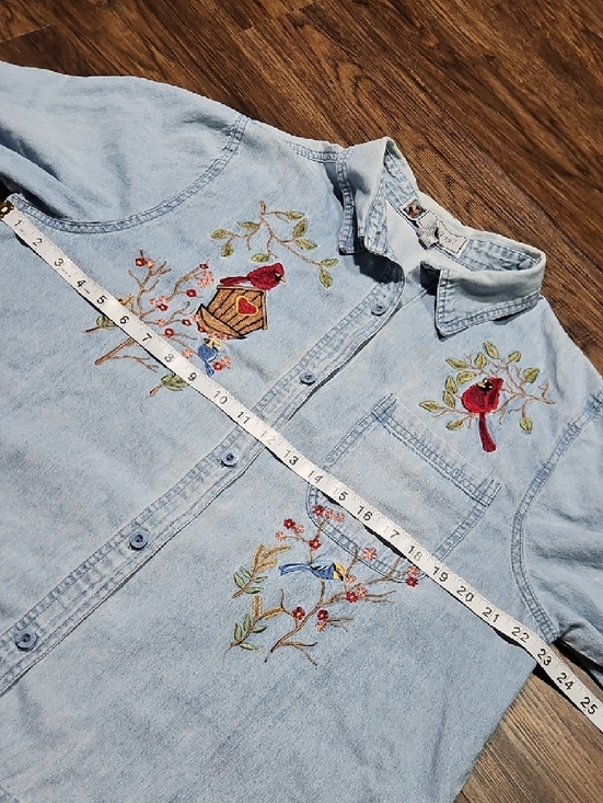 Vintage Light Wash Denim Button-Down Shirt with Cardinal Embroidery, Size Large - Picture 8 of 13